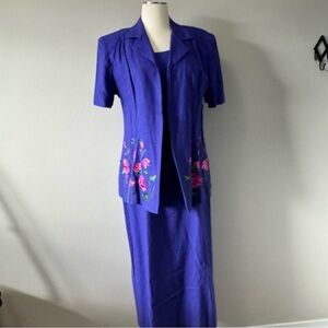 Sag Harbor vintage Purple Skirt Set with Pink Floral Design linen blend